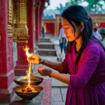 Người phụ nữ đang thắp nhang tại đền thờ