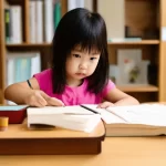 Bé gái tuổi Dần đang chăm chú học bài tại bàn học đặt theo phong thủy