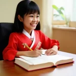 Bé gái tuổi Hợi đang học bài tại bàn học đặt theo hướng tốt