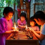 Gia đình đang thắp nhang trên bàn thờ gia tiên