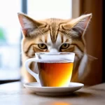 Hình ảnh con mèo đang uống trà